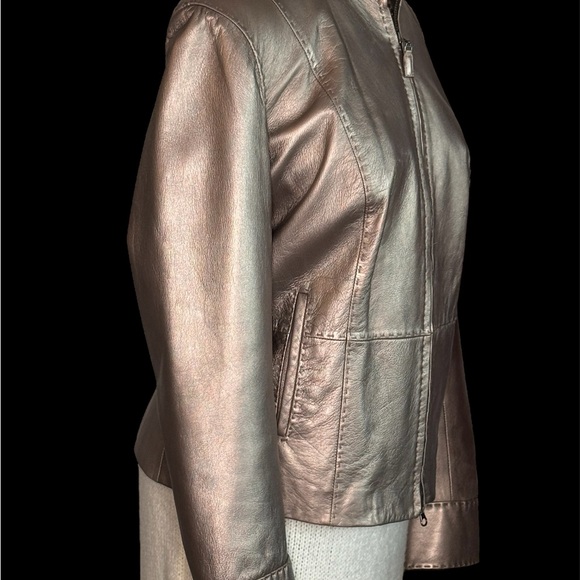 Sigrid Olsen Size L Buttery Soft Lamb Leather Jacket Metalic Champagne Gold Zip - Picture 6 of 11